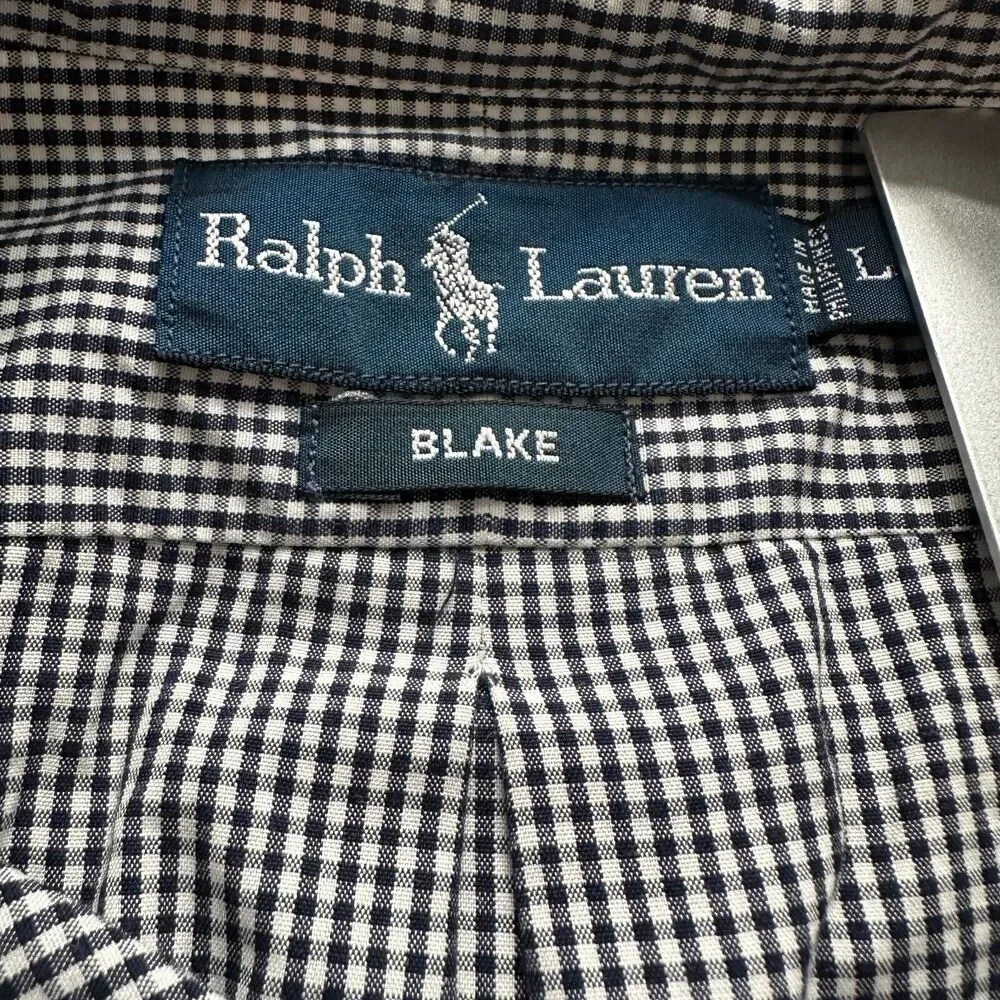 Polo Ralph Lauren Shirt Men's Large Navy Blue‎ Micro Gingham Button Blake Cotton